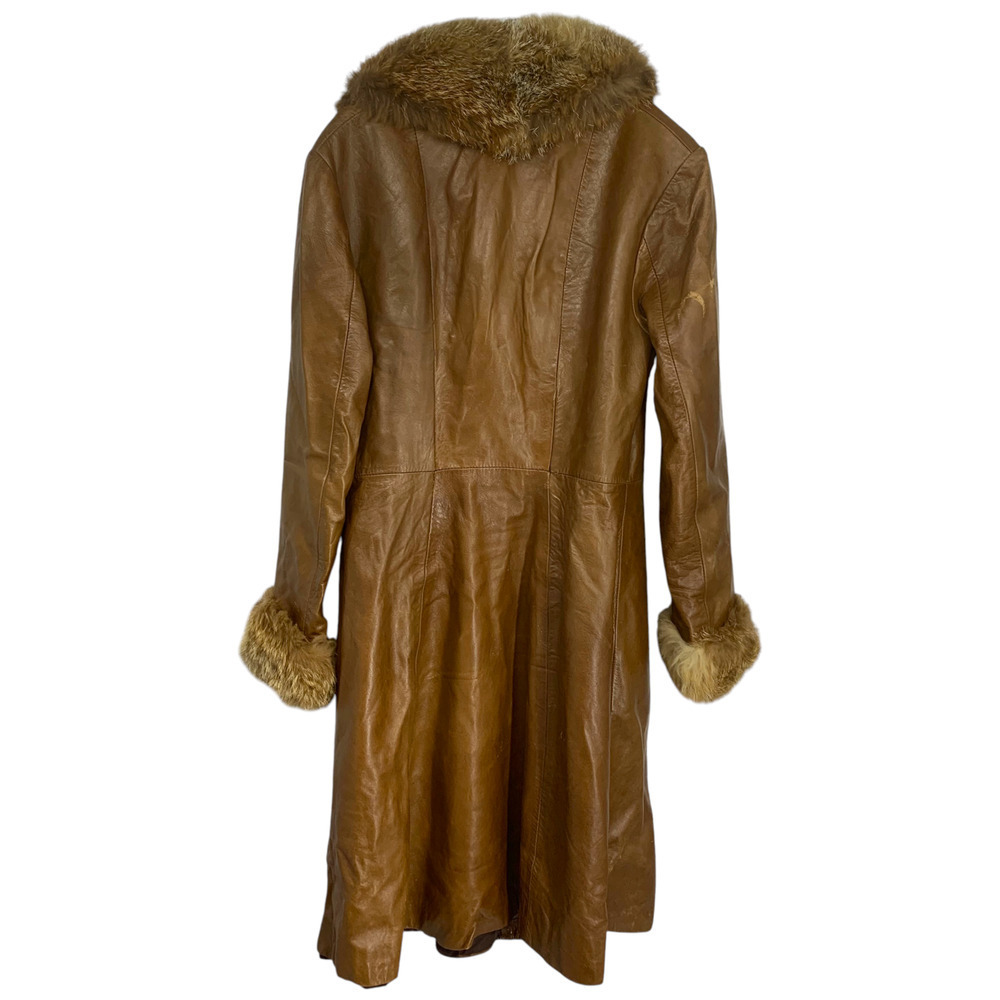 Vintage 1970's Herrero y Rodero Leather Trench Coat Real Fox Fur Trim Spain Sz S - Picture 7 of 8
